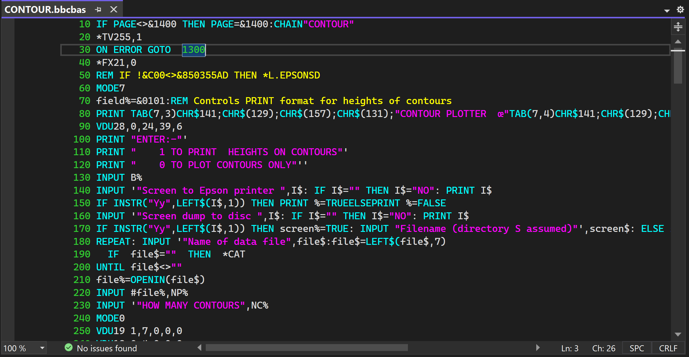A BBC BASIC listing open in Visual Studio, with line numbers in green, keywords in cyan, strings in magenta and the text after REM in yellow